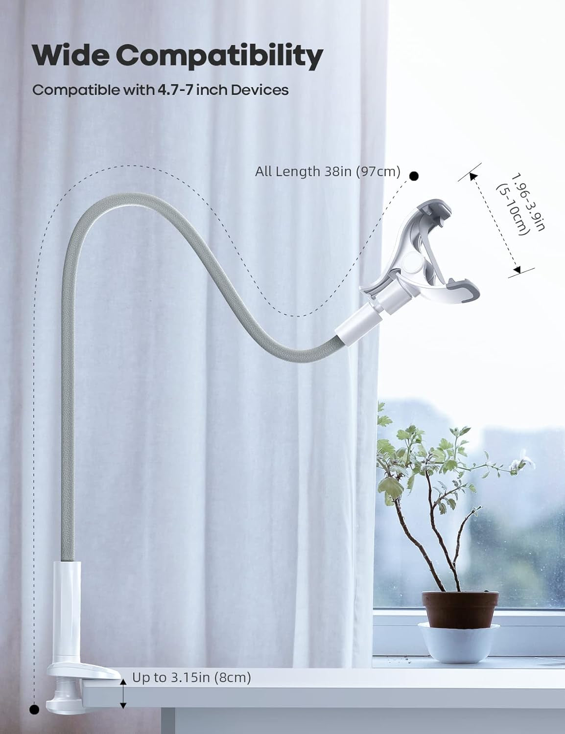 Phone Holder Bed Gooseneck Mount, Cell Phone Clamp Clip for Desk, Flexible Long Arm Headboard Bedside Lazy Bracket, Overhead Table Stand Grey