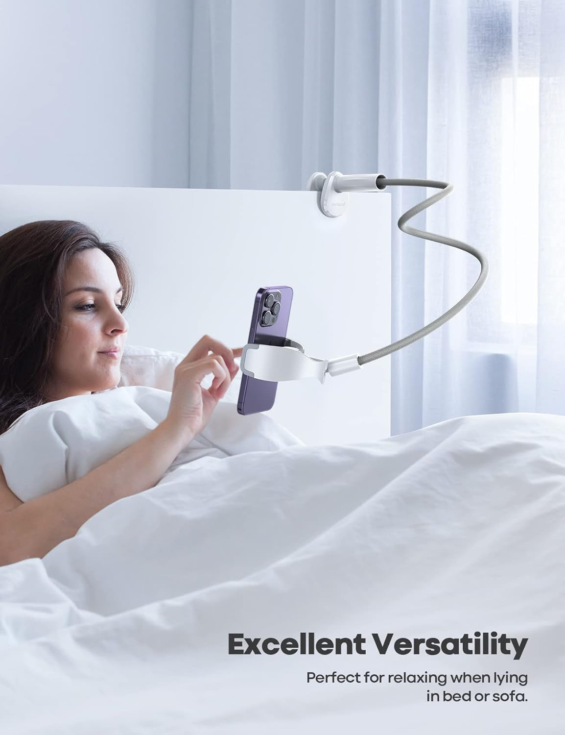 Phone Holder Bed Gooseneck Mount, Cell Phone Clamp Clip for Desk, Flexible Long Arm Headboard Bedside Lazy Bracket, Overhead Table Stand Grey