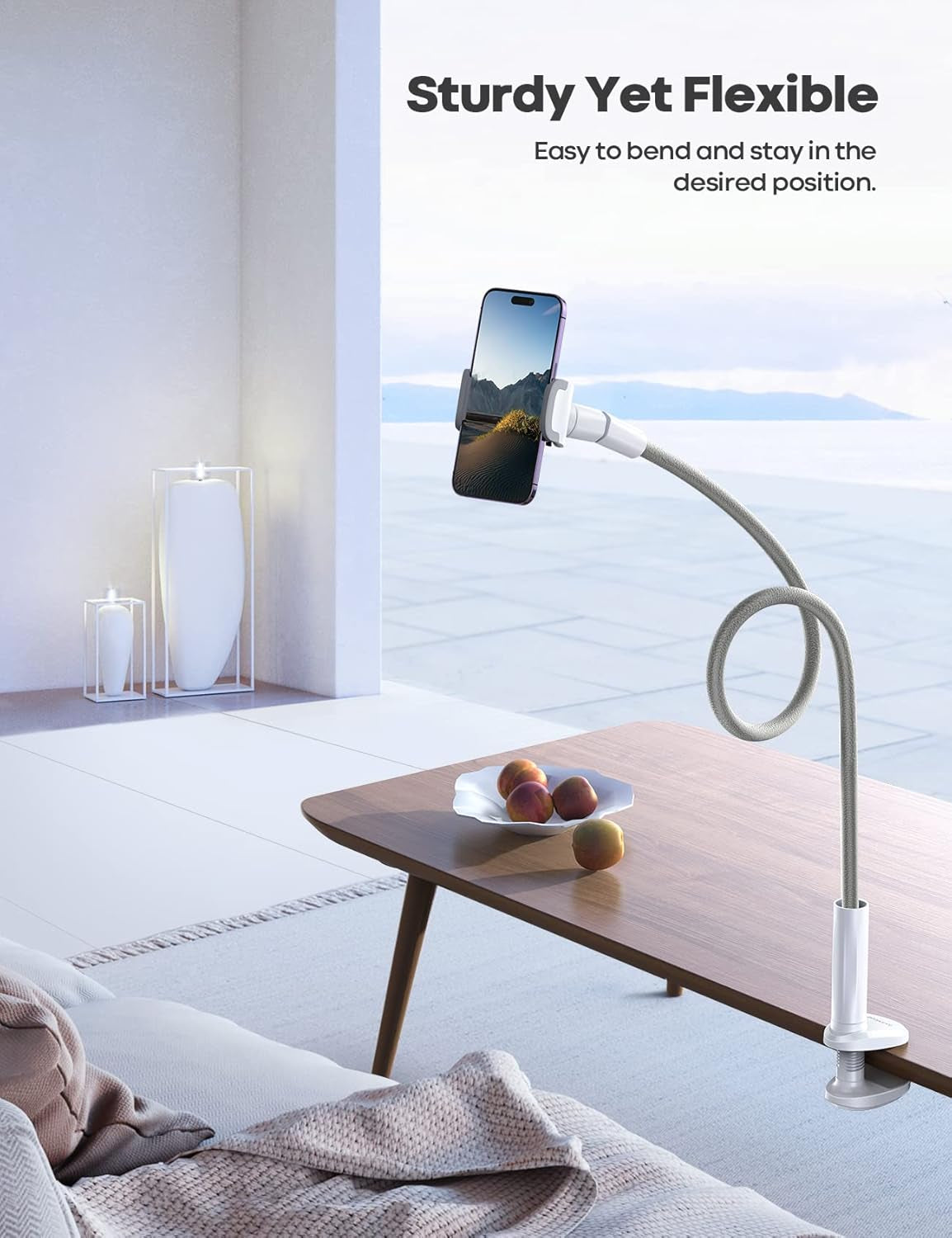 Phone Holder Bed Gooseneck Mount, Cell Phone Clamp Clip for Desk, Flexible Long Arm Headboard Bedside Lazy Bracket, Overhead Table Stand Grey