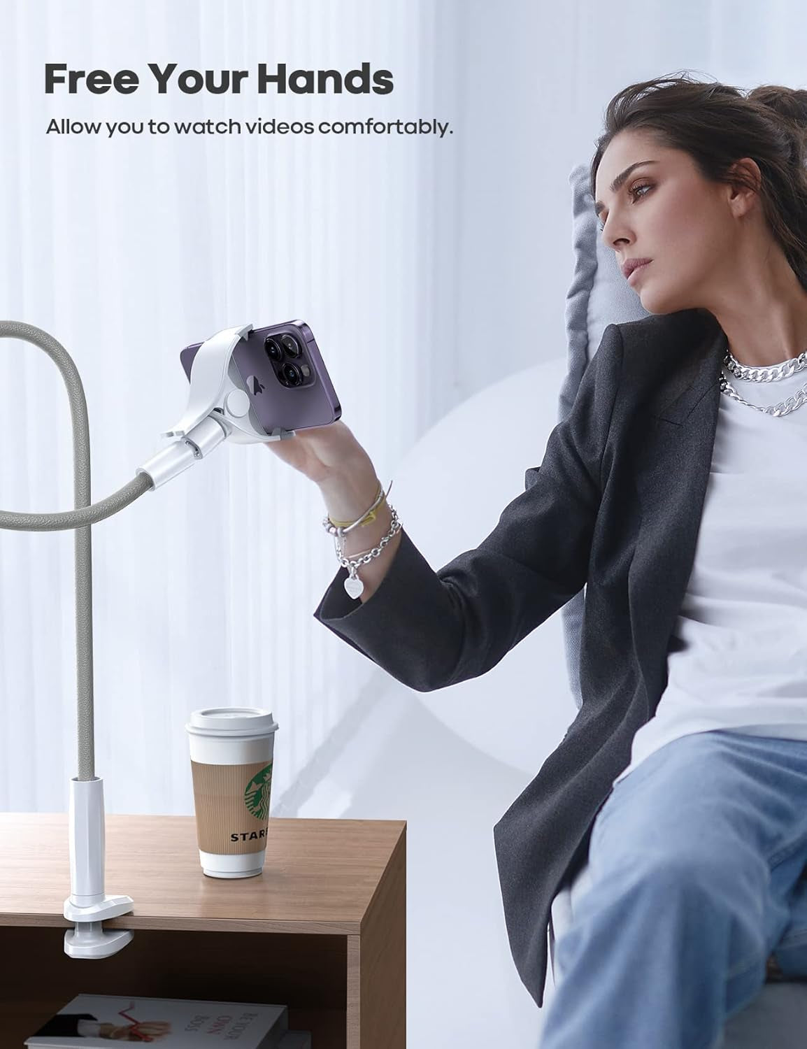 Phone Holder Bed Gooseneck Mount, Cell Phone Clamp Clip for Desk, Flexible Long Arm Headboard Bedside Lazy Bracket, Overhead Table Stand Grey