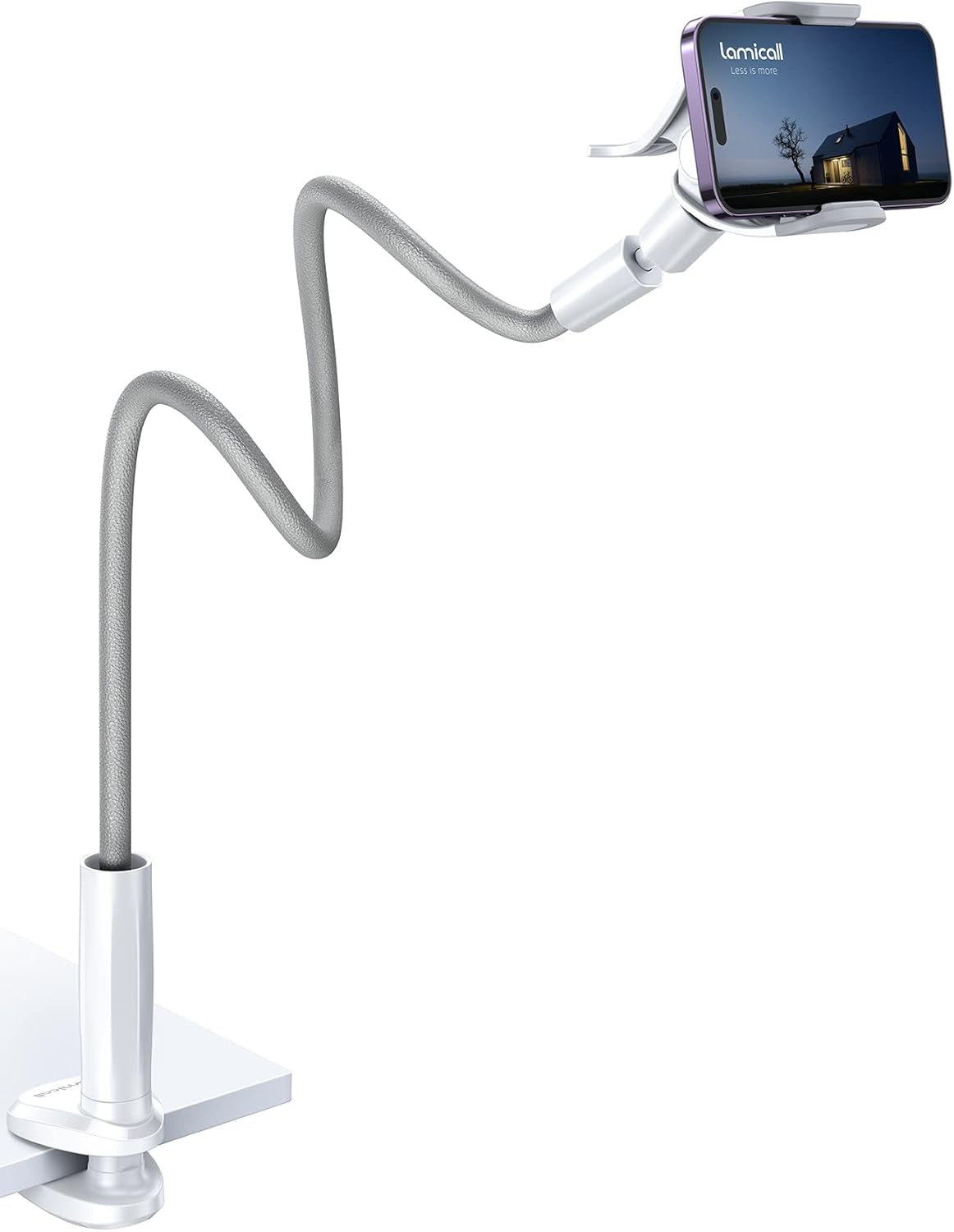Phone Holder Bed Gooseneck Mount, Cell Phone Clamp Clip for Desk, Flexible Long Arm Headboard Bedside Lazy Bracket, Overhead Table Stand Grey