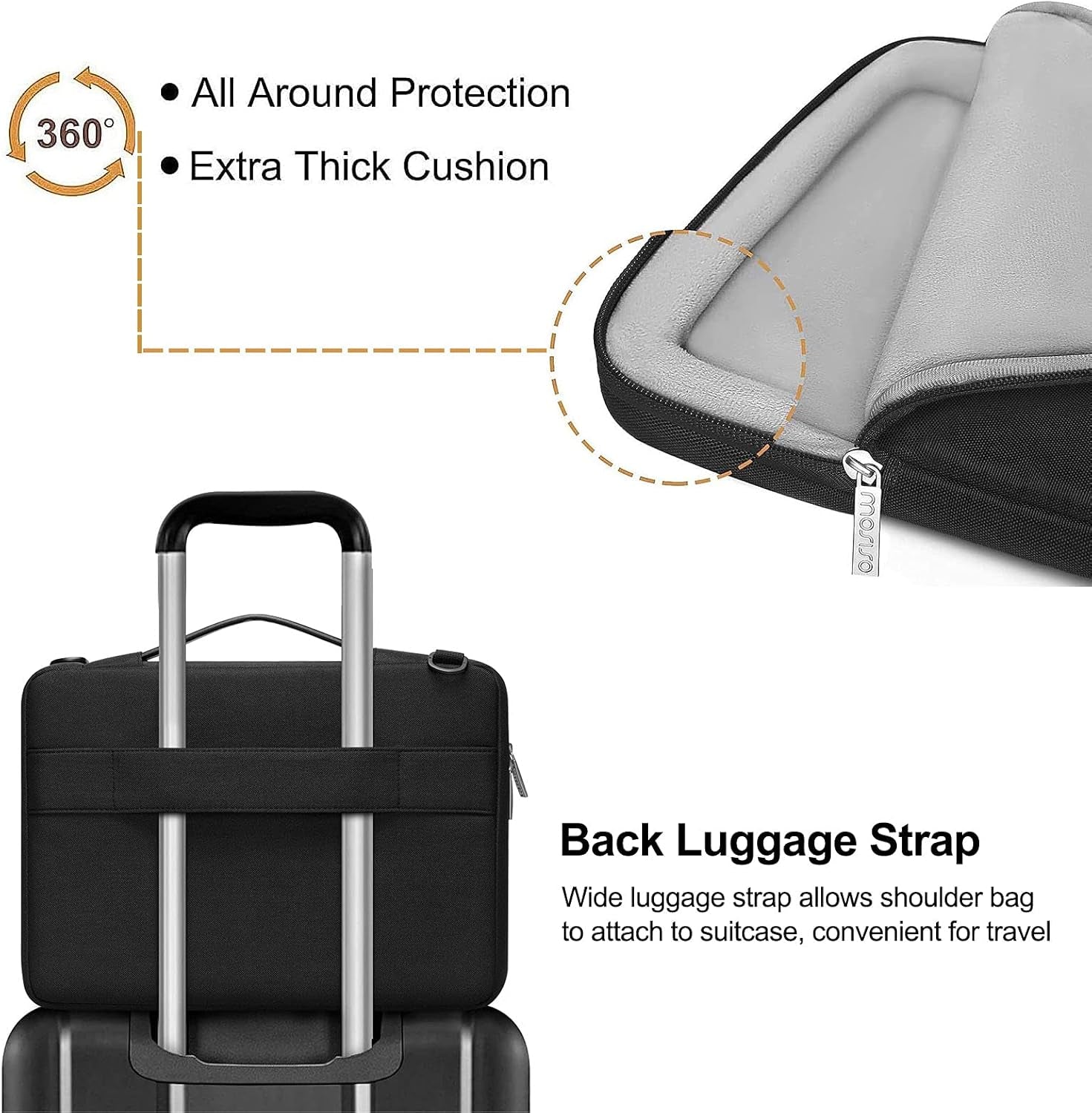 MOSISO 360 Protective Laptop Shoulder Bag Compatible with Macbook Air/Pro,13-13.3 Inch Notebook, Compatible with Macbook Pro 14 M4 M3 M2 M1,Side Open Sleeve with Horizontal&Vertical Pockets, Black