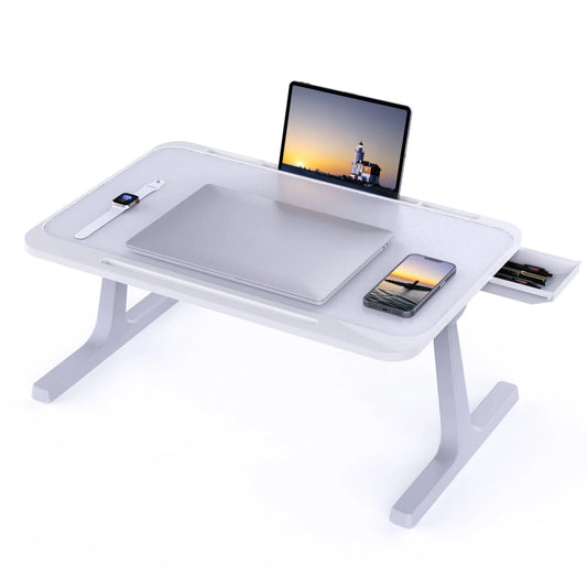 Laptop Bed Desk Tray Bed Table, Foldable Portable Lap Desk Notebook Stand Reading Holder with Storage Drawer for Eating Breakfast on Bed/Couch Gray