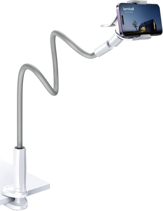 Phone Holder Bed Gooseneck Mount, Cell Phone Clamp Clip for Desk, Flexible Long Arm Headboard Bedside Lazy Bracket, Overhead Table Stand Grey