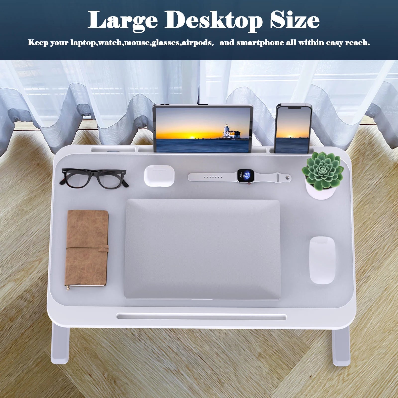 Laptop Bed Desk Tray Bed Table, Foldable Portable Lap Desk Notebook Stand Reading Holder with Storage Drawer for Eating Breakfast on Bed/Couch Gray